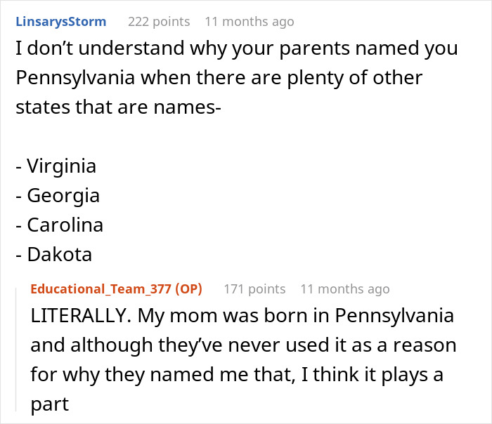 Reddit comment discussing the curiosity over the name Pennsylvania, with replies about name choices.