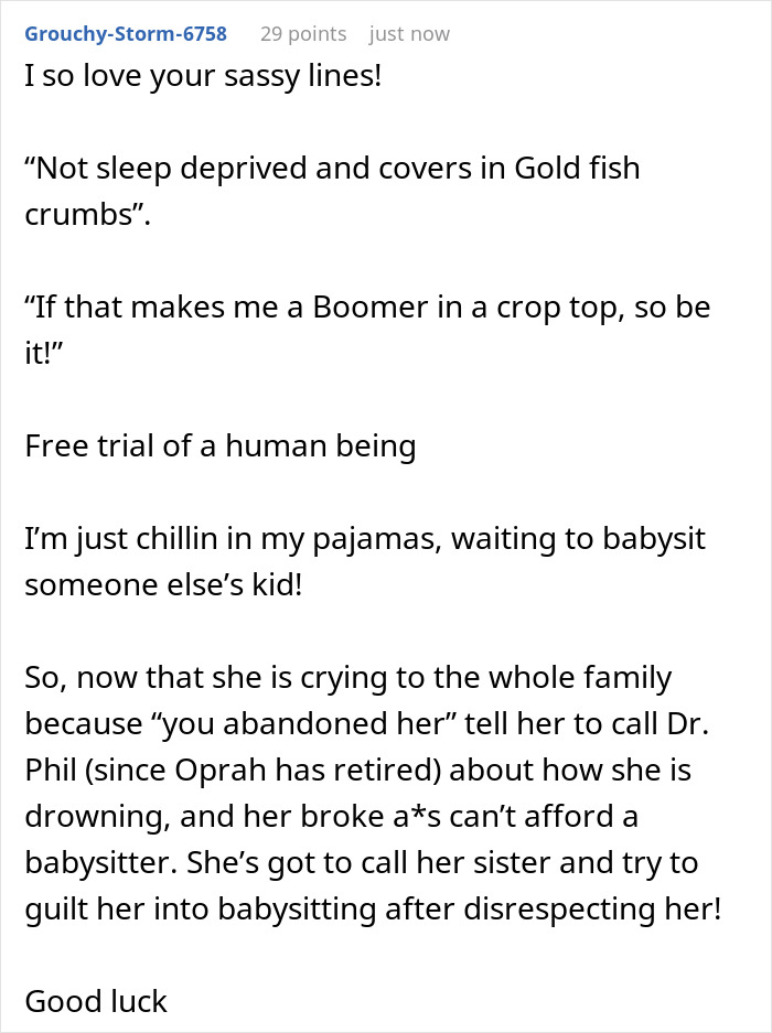 Babysitter discussion featuring sassy lines and candid remarks about stress in humorous text comments.