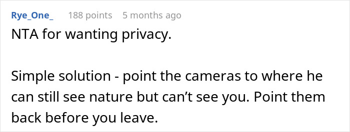 Text comment discussing privacy related to vacation house security cameras.
