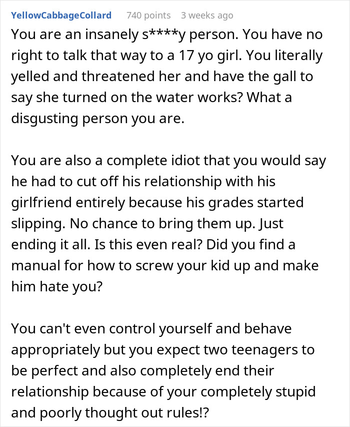 Text criticizing a dad's harsh reaction to his son's slipping grades and banning him from seeing his girlfriend.