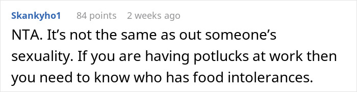 Reddit comment discussing gluten-free diet and food intolerances at work potlucks.