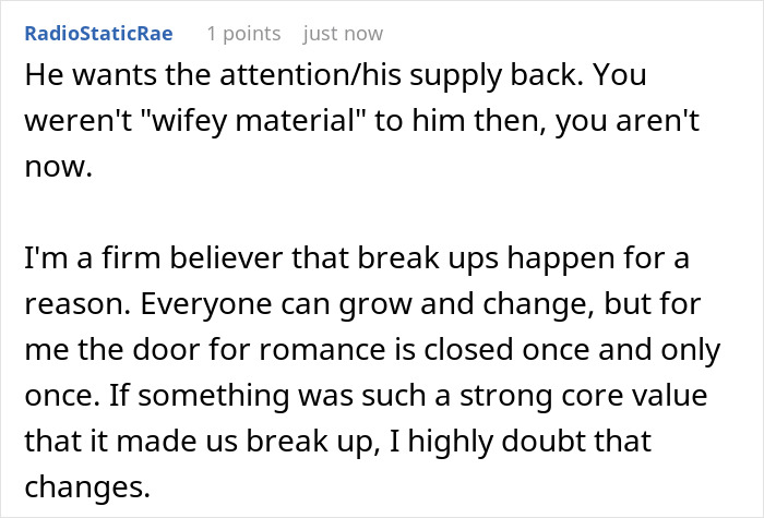 Reddit comment discussing breakups and romance closure after a woman gets dumped following a 9-year relationship.