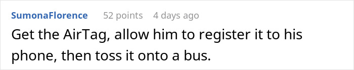 User comment about using an AirTag to track a child during a trip discussed in online forum thread.