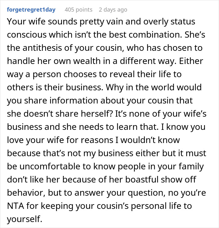 Text discussing a wife's vanity and a cousin's discreet wealth, advising it's personal business how one handles wealth. Text discussing a wife's vanity and a cousin's discreet wealth, advising it's personal business how one handles wealth.