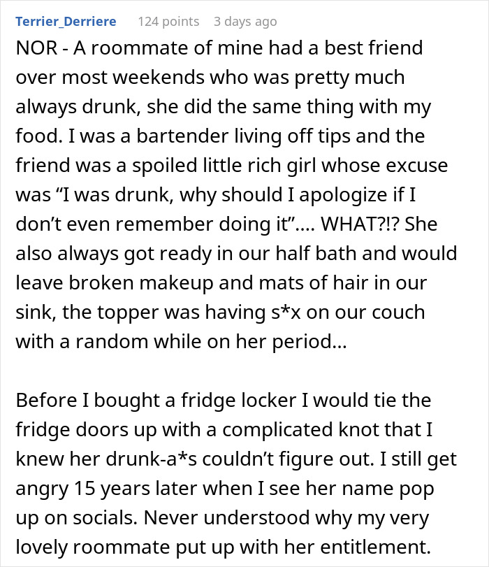 Text of a story about dealing with a roommate's friend, mentioning a cheese lockbox for the fridge.