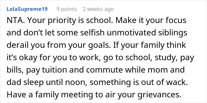 Text of a comment discussing priorities like school over babysitting nephews, encouraging a family meeting to address issues. Text of a comment discussing priorities like school over babysitting nephews, encouraging a family meeting to address issues.