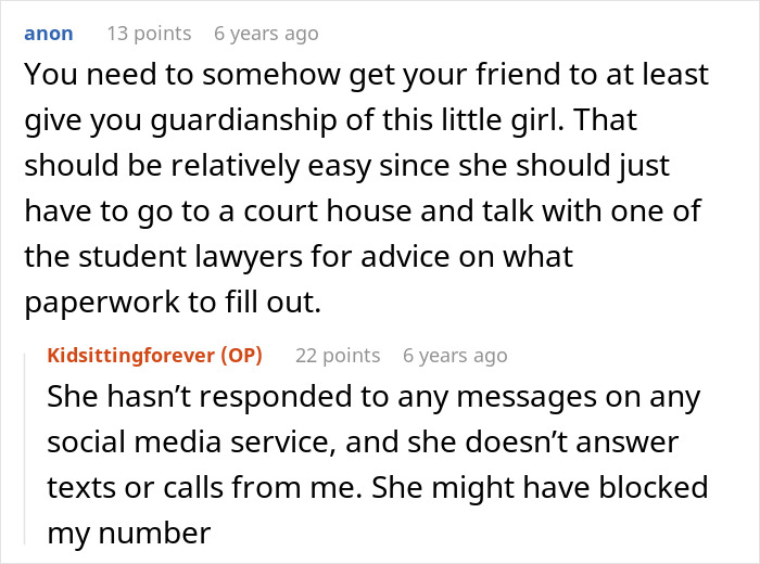 Text exchange about babysitting a daughter, discussing guardianship and lack of communication from the mother.