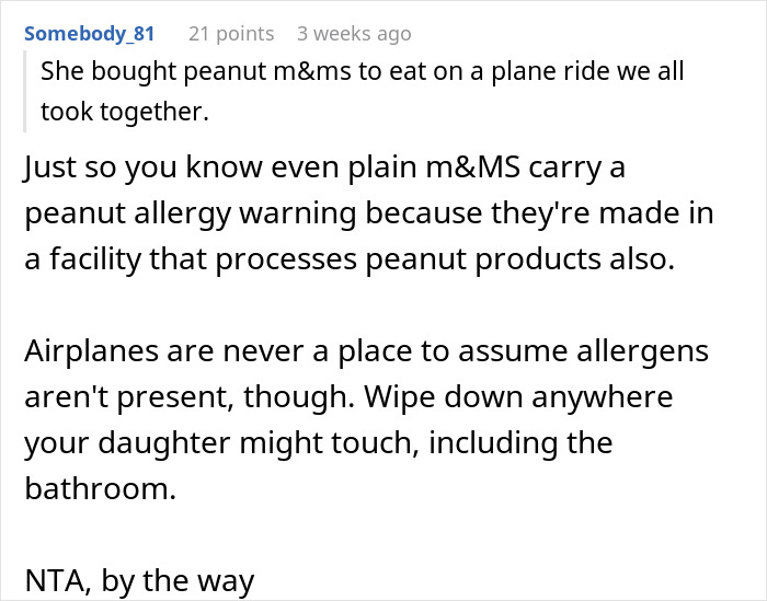 Comment discussing peanut allergy warnings on snacks and allergy precautions during airplane travel.