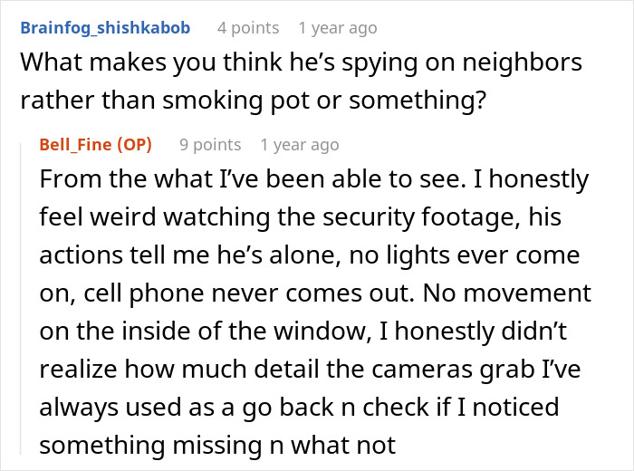 Comments discussing teen son caught creeping in neighbor&rsquo;s yard at night, with concerns about his behavior on security footage.