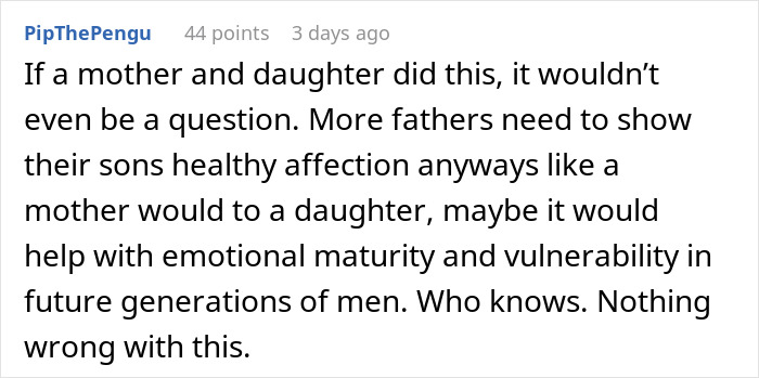 Text from user PipThePengu discussing father-son affection.