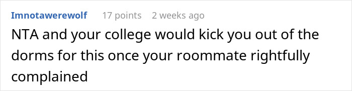 Reddit comment discussing refusal to share college dorm room.