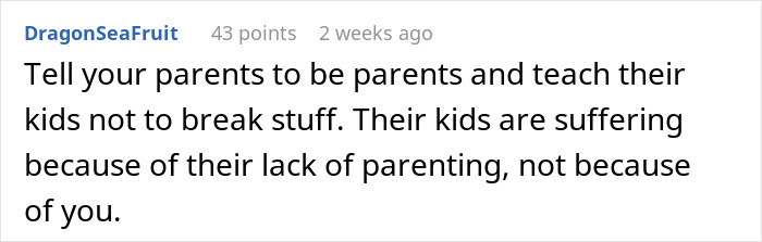 Comment advising a parent to discipline kids who damage belongings, highlighting parenting responsibility. Comment advising a parent to discipline kids who damage belongings, highlighting parenting responsibility.