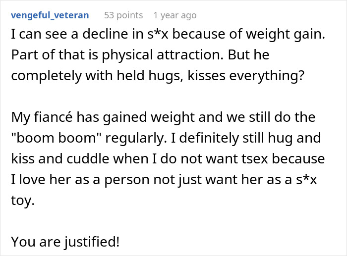 Reddit comment discussing relationship challenges and intimacy related to weight gain. Reddit comment discussing relationship challenges and intimacy related to weight gain.