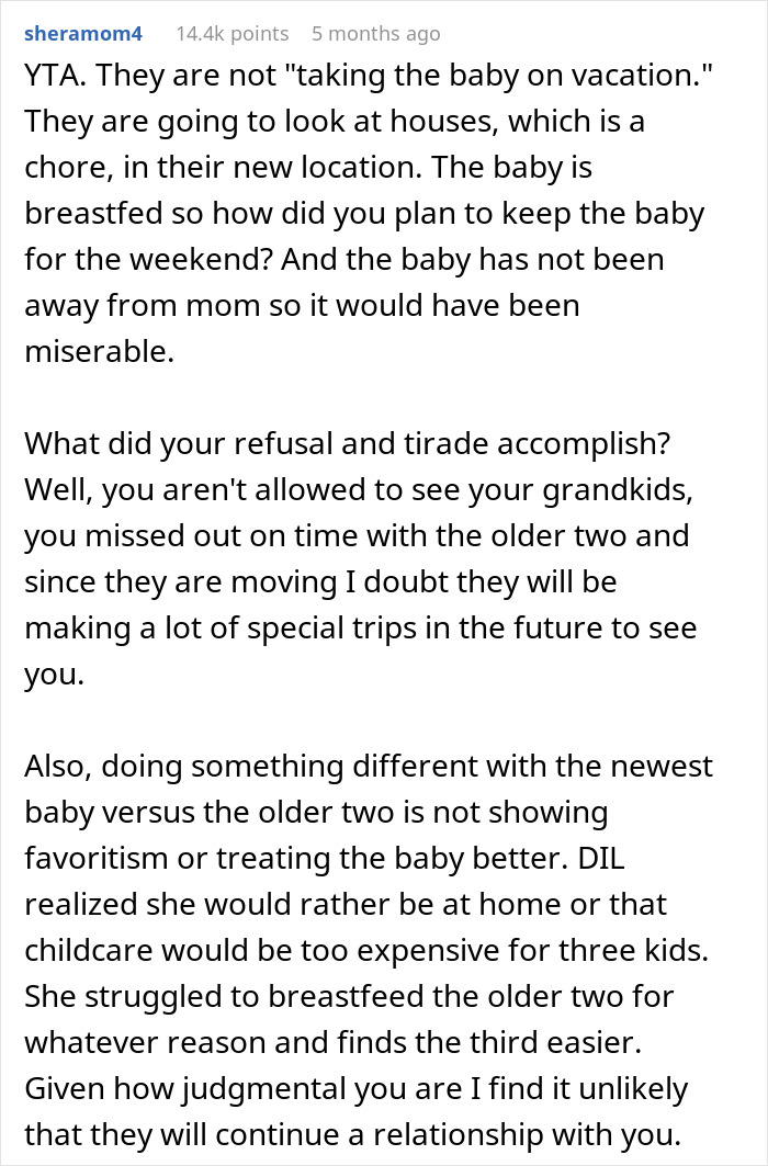 Text response about grandma not babysitting due to favoritism accusation.