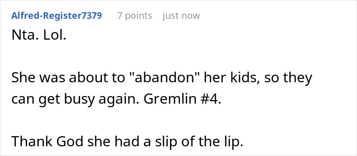 A text comment discussing babysitter stress, suggesting humorously that abandoning kids is not okay.