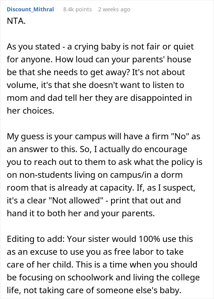 Text discussing refusal to share college dorm room with older sister and baby, advice against it.