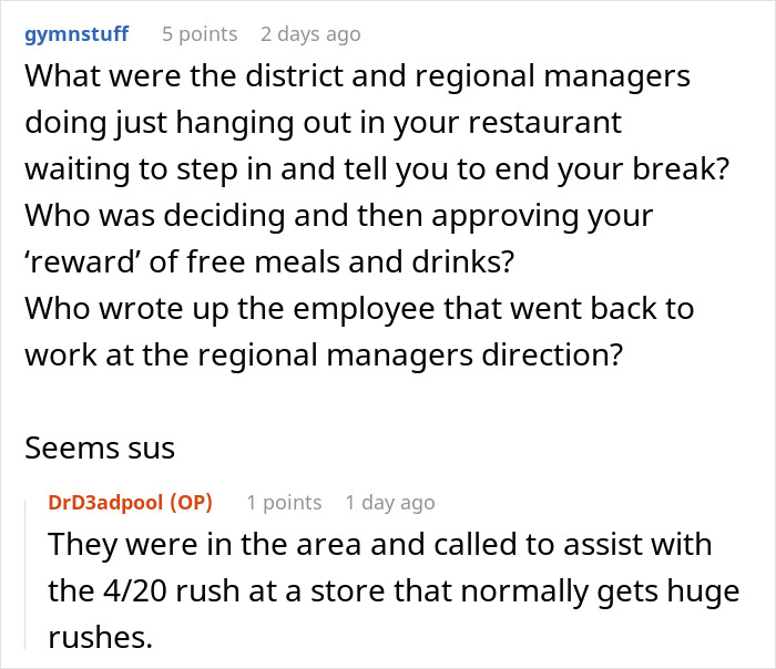 Discussion on employees sticking to break policy amid chaotic kitchen scene.
