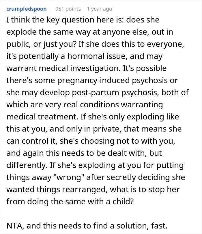 Reddit comment discussing pregnant wife's emotional outbursts and medical concerns, urging a solution for the husband.
