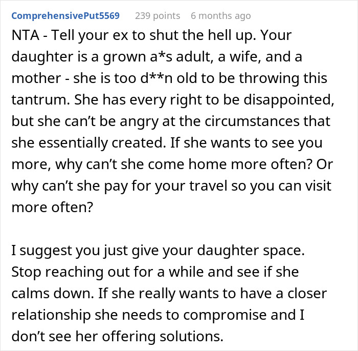 Reddit comment discussing a mom's frustration over her daughter expecting help despite living far away.