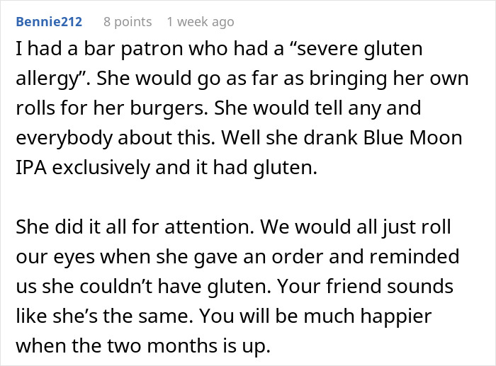 Text post about a bar patron claiming gluten allergy while consuming gluten, relating to birthday diet demands.
