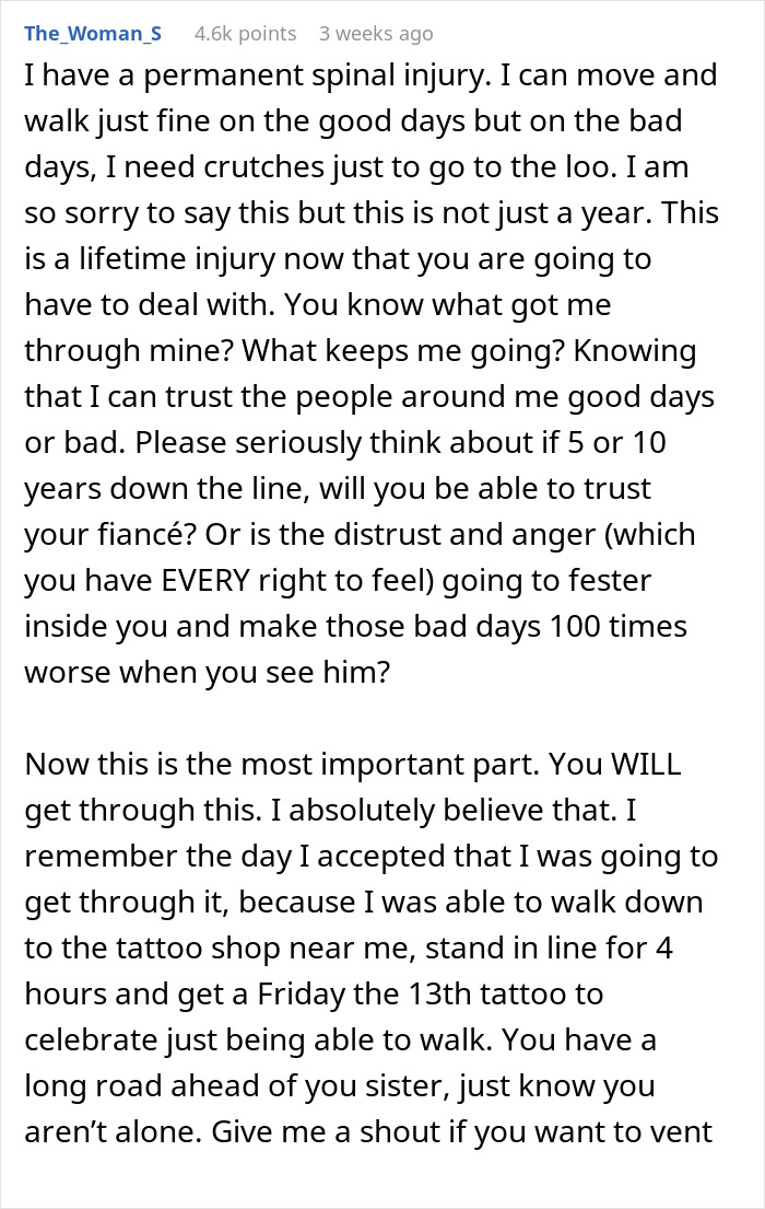 Woman with a permanent spinal injury shares struggles and anger over physical consequences caused by fiancé’s accident. Woman with a permanent spinal injury shares struggles and anger over physical consequences caused by fiancé’s accident.