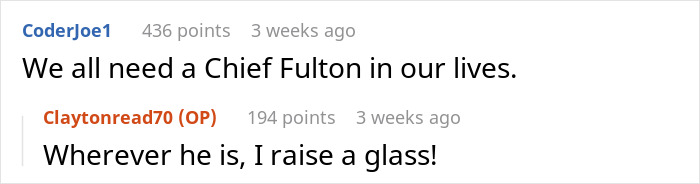 Reddit comments about Chief Fulton, with users expressing admiration and support. Reddit comments about Chief Fulton, with users expressing admiration and support.