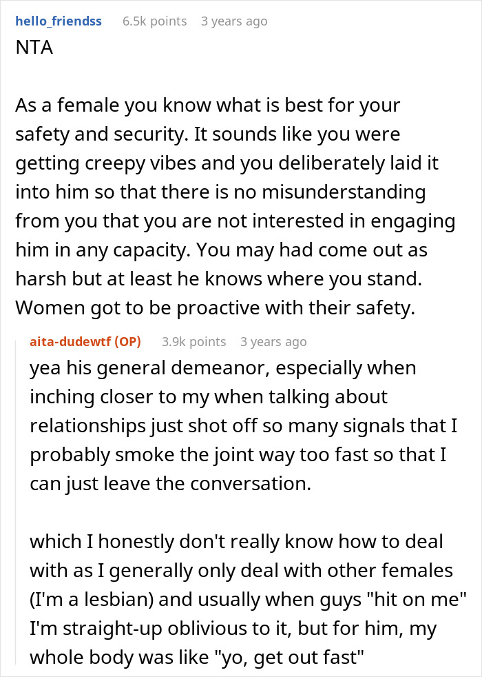 Reddit discussion about a woman setting boundaries, explaining she's not a therapist after a man starts oversharing.