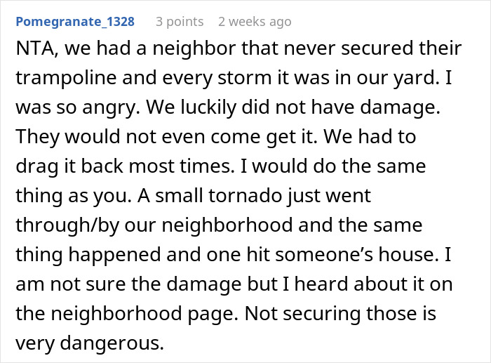 Text of a comment discussing trampoline damage after a storm and the owner's refusal to secure it.