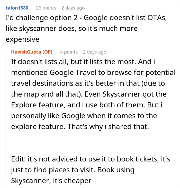 Reddit discussion on using Skyscanner and Google Travel for booking affordable flights.