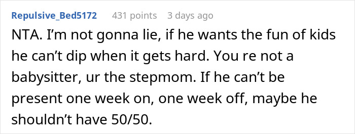 A Reddit comment discussing expectations for a husband to be present when his kids are home. A Reddit comment discussing expectations for a husband to be present when his kids are home.