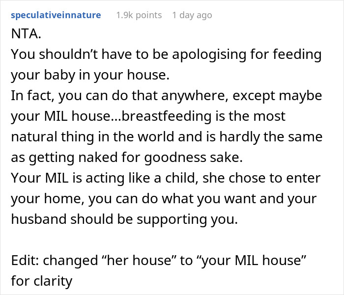 Text comment supporting woman breastfeeding at home despite MIL's rude remarks.