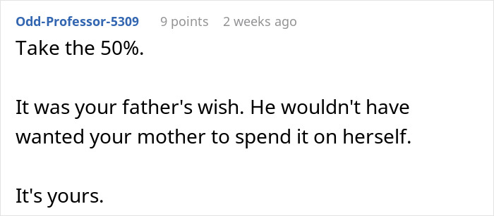 Comment discussing inheritance and keeping a share of parents' apartment money.
