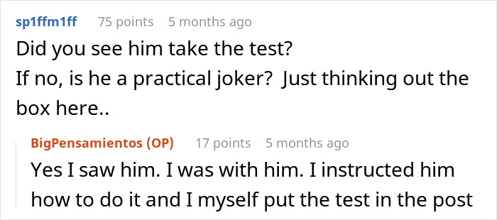Reddit conversation about family DNA results, discussing test procedures and practical jokes.