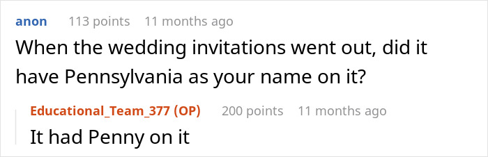 Reddit conversation about secret name change, wedding invitations featured the name Penny instead of Pennsylvania.
