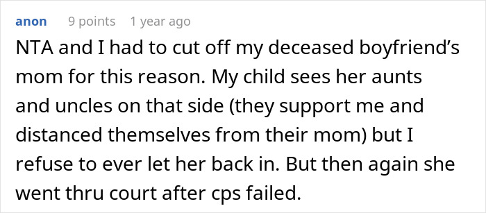 Text discussing false CPS claims and family drama involving court and estrangement after a boyfriend's death.