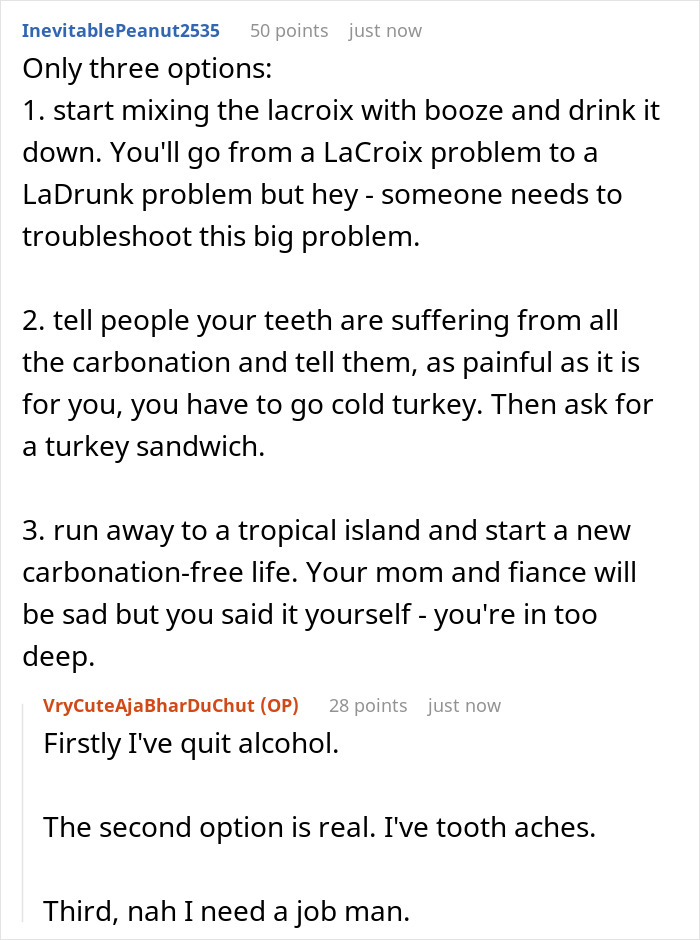 Reddit comment thread humorously discussing faked liking of sparkling water with comedic options.