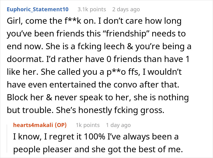 Online comments about a friendship dispute and accusations related to hygiene practices.