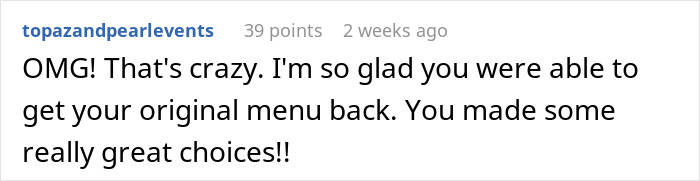 Text comment expressing relief about recovering original wedding menu choices.