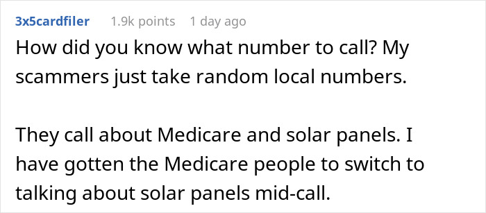 Text conversation about spam calls discussing scammers using random numbers and topics like Medicare and solar panels.