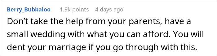 Reddit comment advising against accepting $20K from parents for wedding, suggesting a smaller, affordable event to avoid issues.