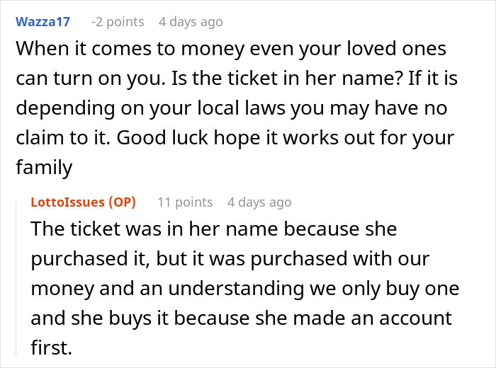 Reddit discussion on sharing lottery winnings and relationship issues.