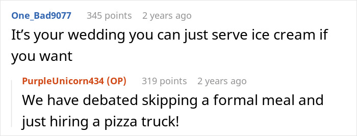 Debate about skipping formal meal and hiring pizza truck at wedding in comments discussing meat options. Debate about skipping formal meal and hiring pizza truck at wedding in comments discussing meat options.