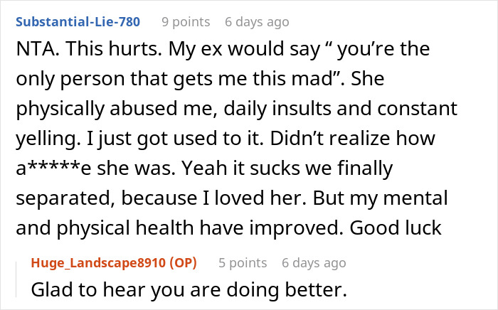 Reddit comment discussing physical abuse and relationship improvement, users exchange supportive messages.
