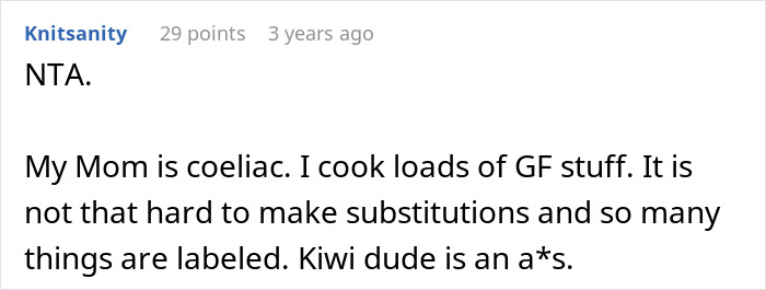 Reddit comment discussing gluten-free substitutions, coeliac cooking, and a critical opinion on someone else.
