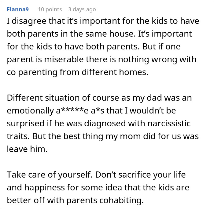 Comment discussing coparenting instead of staying in unhappy marriages, focusing on children's wellbeing.