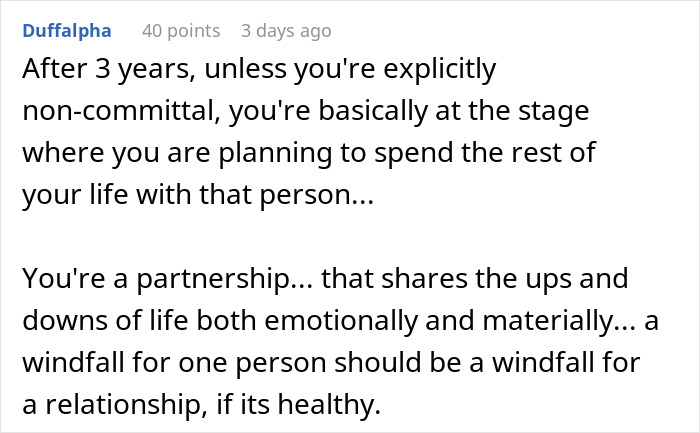 Screenshot of a Reddit comment discussing relationships and commitment after three years, highlighting partnership dynamics.