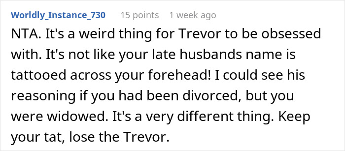 Comment discussing future wife's tattoo from late husband, questioning current man's obsession.