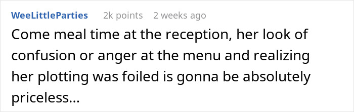 Reddit comment discussing a mother-in-law's reaction to a wedding menu plot, highlighting password protection.