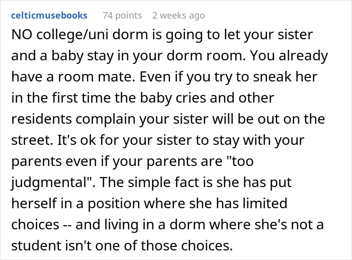 Reddit comment about refusing to share a college dorm room with an older sister and baby.