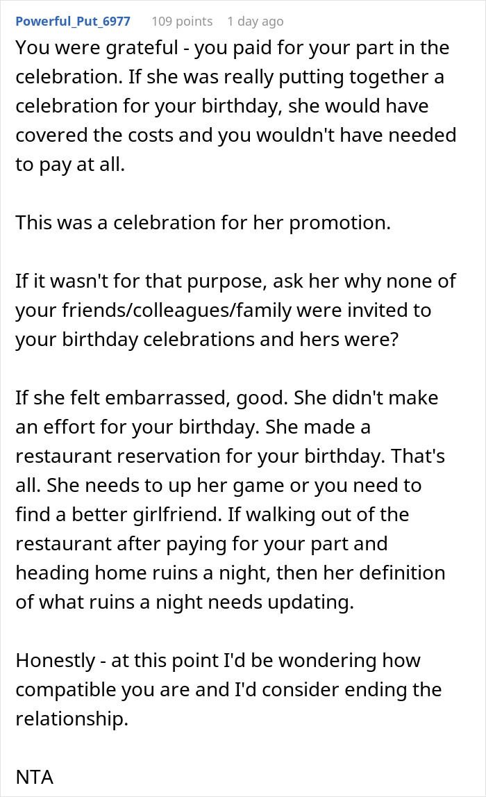 Comment on a relationship conflict where a birthday dinner becomes a promotion celebration.